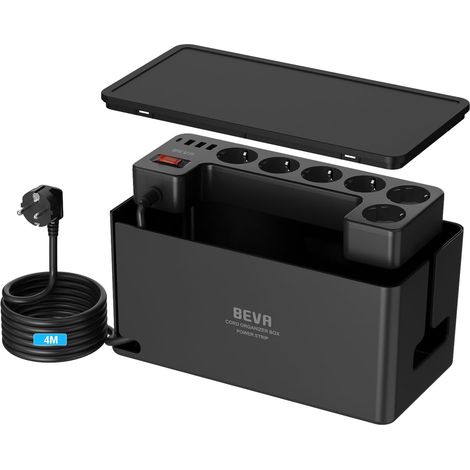 Boite Multiprise Cachée avec Cable 4M, Noir 1050J Multiprise Parafoudre et Surtension, Boite Rangement Cable Multiprise, 6 Prise Multiple USB avec 3 USB-A+1 USB-C(15W) (1/5)