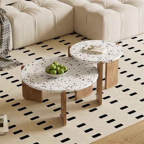 Fortuna Lai – Lot de 2 tables basses gigognes – Design artistique avec motifs uniques – Dimensions 70x70x35cm + 50x50x45,5cm – MDF naturel (1/5)