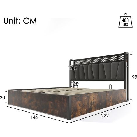 Lit rembourré métallique 140×200cm gris,LED commande APP,charge USB,éclairage tête de lit,cadre à lattes en bois,sans matelas