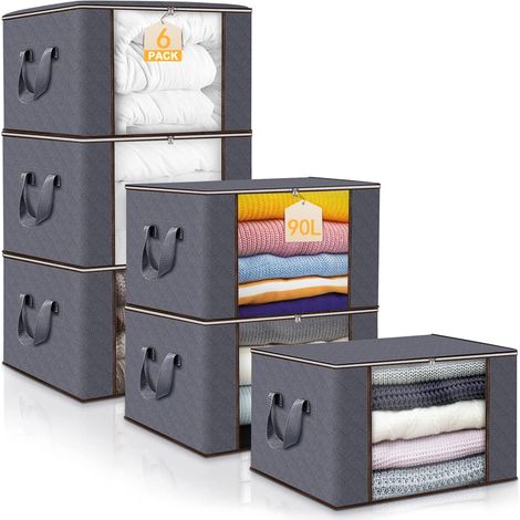 Sac Rangement Vetement, 90L Caisse rangement Pliable, Conteneurs de Rangement pour Organiser Les Chambres, Armoires, Vêtements, Couettes, avec Couvercle et Poignée, Gris