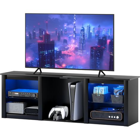 Meuble TV Meuble TV avec éclairage LED pour télévision jusqu'à 65 pouces, 160cm avec étagères en verre réglables, noir (1/5)