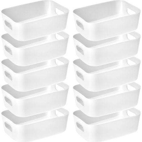 Lot de 10 boîtes de rangement en plastique blanc avec poignée (20,5 x 14 x 7 cm), empilables, idéales pour la maison, le bureau et l'école. (1/5)