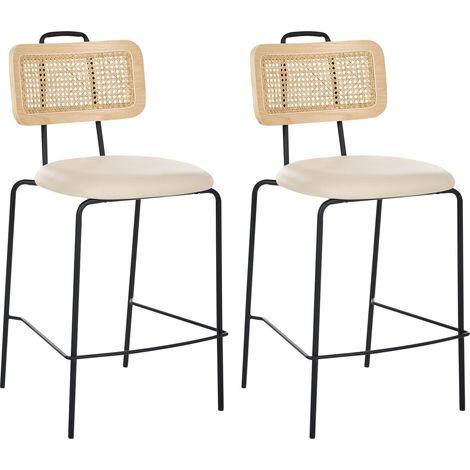 Set di 2 sedie da bar con gambe in ferro schienale in rattan PE seduta in ecopelle senza braccioli coprigambe design boho moderno beige chiaro Adelanto