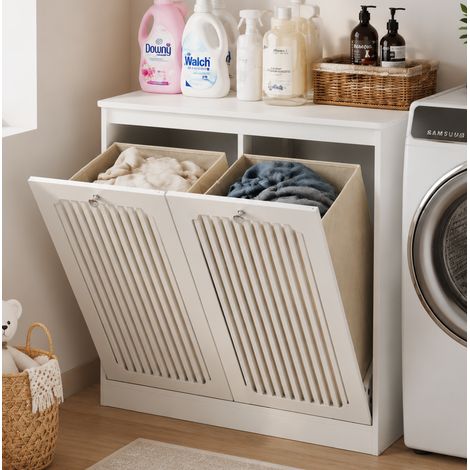 Meuble à linge blanc 84,5/40/18,5 cm avec 2 compartiments et façade basculante (1/5)