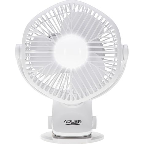 ADLER EUROPE VENTILATEUR DE BUREAU USB AVEC BATTERIE ET PINCE - MINI VENTILATEUR PORTABLE AVEC ÉCLAIRAGE LED - 3 VITESSES ET ROT