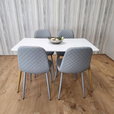 Wooden Dining Table with 4 Grey Gem Patterned Chairs White Table with Grey Chairs (1/5)
