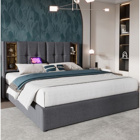 Lit rembourré 180x200 cm gris avec recharge sans fil, USB et coffre de rangement (1/5)