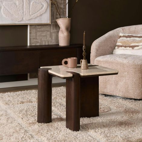 Table d'appoint marbre et bois style puzzle DUOMO