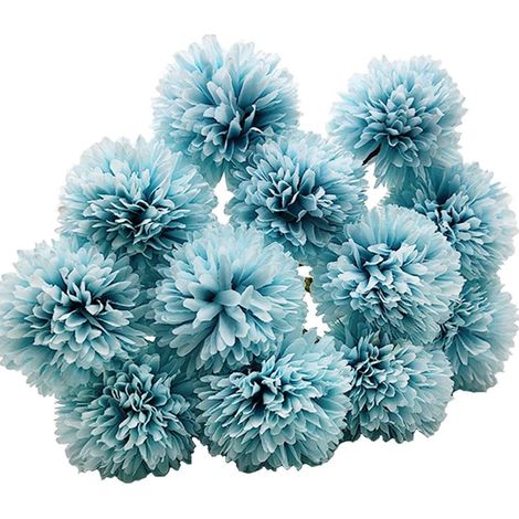 12 boules de chrysanthèmes artificiels à tiges en soie, bouquet d'hortensias, fleurs artificielles pour la décoration de la maison, du bureau, d'un café et d'un mariage - Bleu (1/5)