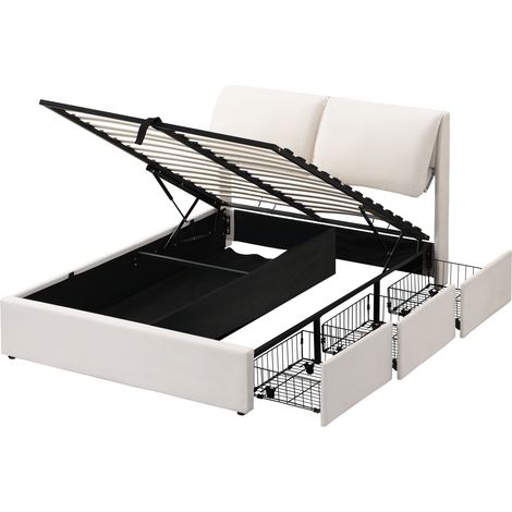 Letto capitonné 140x200 cm con contenitore idraulico, 3 cassetti, testiera, velluto beige