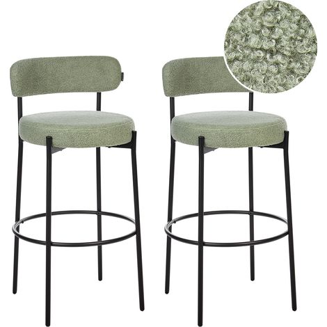Conjunto de 2 sillas de bar bouclé patas de acero negro con tapas sin reposabrazos comedor verde claro Allison