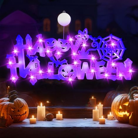 Décoration de fenêtre intérieure d'Halloween: lumières de fenêtre d'Halloween orange citrouille verte maison hantée violet chapeau de sorcière avec ventouse pour chambre à coucher (1/5)