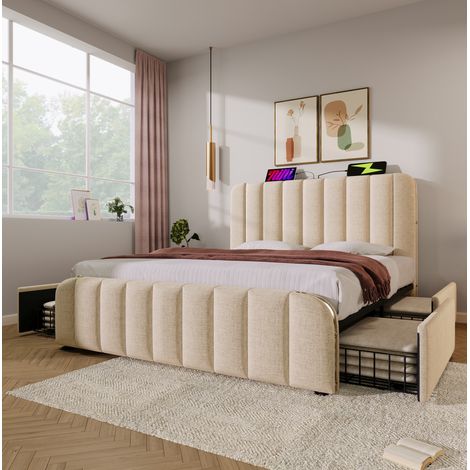 Letto imbottito per adulti 160x200 cm con 4 cassetti, USB Type-C, rete a doghe, in tessuto beige, senza materasso (1/5)