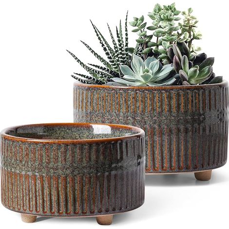 Succulent Plant Pot, 16.5+20cm Indoor Flower Pots with Drainage Hole, Modern Design Planter for Home and Office, Mom Gift Idea, Pack of 2, Reactive Black Enamel (1/4)