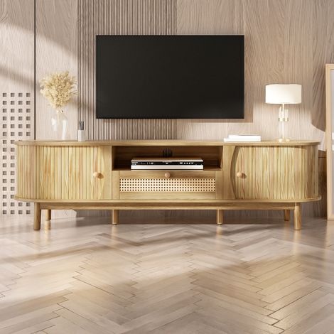 Meuble TV 165x37x46 cm avec portes coulissantes et tiroirs en rotin, style campagne, MDF, naturel