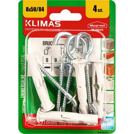 Chevilles Universelles Klimas 8 x 84 Avec Crochet Demi-Rond, Blister De 4