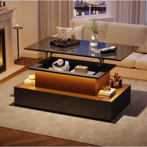 Mesa de centro 90x55x41 cm negra en tablero de partículas con LED, 4 cajones y tapa extraíble (1/5)
