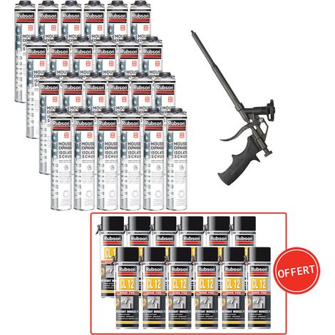 Pack 24 Mousses expansives 750ml RUBSON WhiteTeq + Pistolet manuel + 12 Nettoyants mousse PU CL12 500ml OFFERTS (1/4)