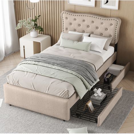 Letto 90x200 cm in Lino Beige Scuro, Testiera Imbottita con Borchie Decorative e 2 Cassetti (1/5)