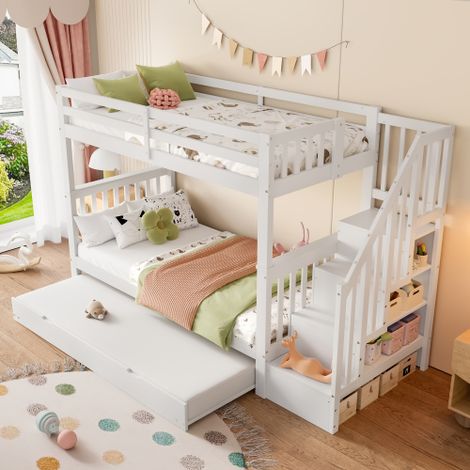Lit superposé - lit 90x200 cm - lit gigogne avec escalier-étagère, certification EN747-1 - en bois blanc - sans matelas (1/5)