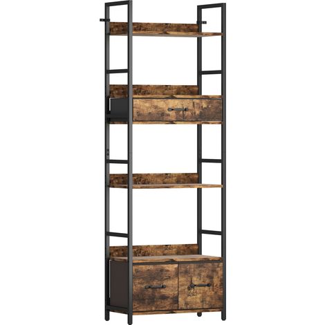 Bibliothèque de rangement 6 niveaux, étagères avec 3 tiroirs en tissu, meuble 60x30x176 cm, brun vieilli. (1/5)