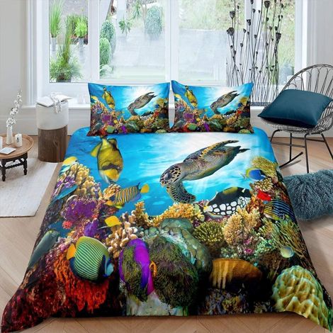 Bettwäsche Set 155x220cm Unterwasser Welt 3D Meeresschildkröte Korallen Fische