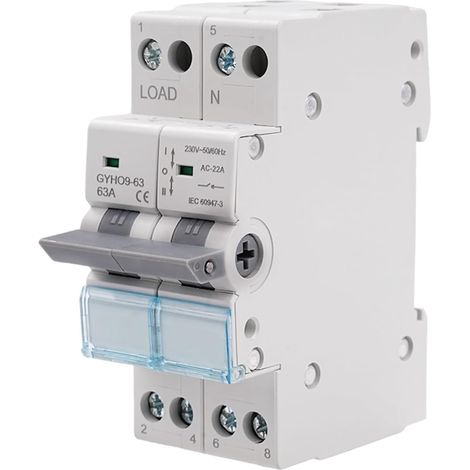 Switch 2P 63A Dual Power Load Separator Switch Manual Transfer Switch AC 230V Manual Transmission Switch with Power Indicator DIN Rail Mount. (1/5)
