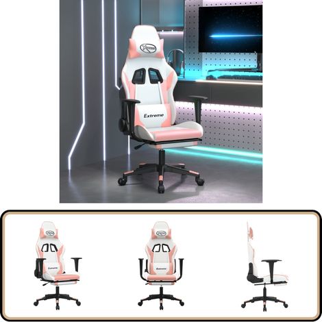 Chaise de jeu avec repose-pied Blanc et rose Similicuir - Chaises Gaming - Chaise Gamer - Fauteuil Gaming - Trône De Jeu - Bureau Ergonomique (1/5)