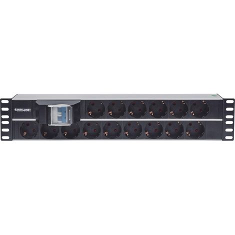 Supporto Rack 2U in Alluminio Nero, Commutabile, con 15 Prese CA, Tipo F, per Soluzioni di Rete Intellinet 714051 (1/5)