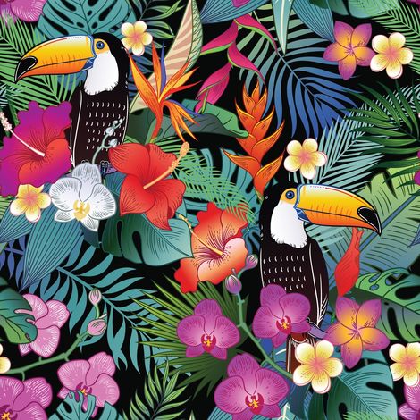 Tissu d'extérieur décoratif Oxford - Motif toucan et fleurs colorées I DR213 (1/5)
