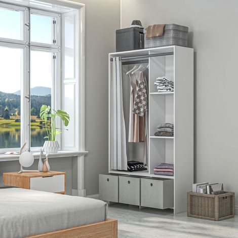 Armoire penderie armoire de rangement avec tringle rideaux 3 tiroirs en tissu amovibles 105 x 48 x 160 cm blanc