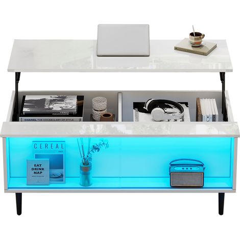Table basse relevable 105 x 50 x 43 cm avec rangement caché, table de salon avec LED, table basse avec rangement et espace d’exposition en verre trempé, blanc avec 4 pieds (1/5)