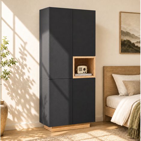 MODFU – Armoire 90x45x200 cm MDF/panneaux particules – 2 portes, 2 penderies et 5 rangements – Niche ouverte et charge 30 kg – Chambre – Noir (1/5)