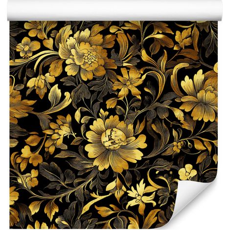 Papier peint Hibiscus doré ocre, jaune et or pour salon et chambre 50x1000 cm (1/5)