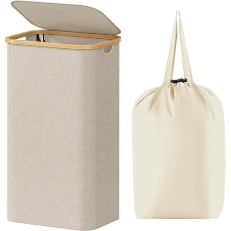 1 panier à linge sale 100 L, avec couvercle et sac intérieur amovible, en bambou et polyester, pour salle de bain et buanderie (1/5)