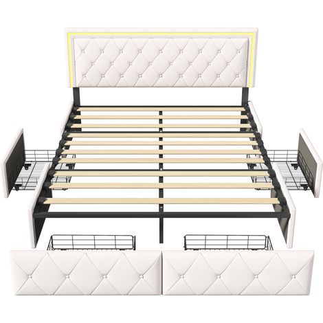 Lit 140x200 cm- lit double - LED - lit adulte 140x200 cm - sommier à lattes - beige (1/5)