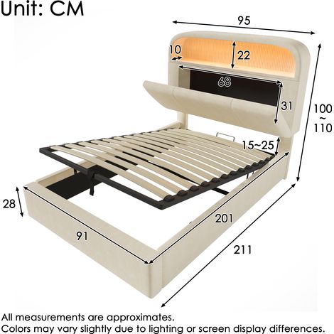 Lit simple rembourré 90x200 cm avec tête de lit de rangement réglable en hauteur, lit hydraulique avec éclairage LED et borne de recharge USB/Type-C, velours, beige, avec cadre à lattes (sans matelas) (1/5)
