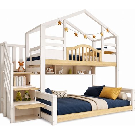 CHICFURN Litera infantil tipo casa blanca y madera, cama alta 90x200 y cama baja 140x200, con escalera-armario, estantes y almacenaje, segura y decorativa (1/5)