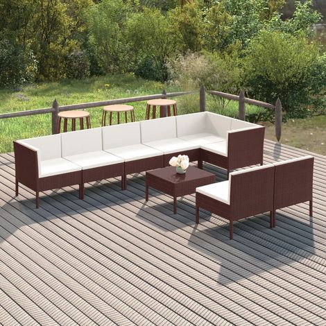 9-tlg. Garten-Lounge-Set mit Auflagen Poly Rattan Braun (1/5)