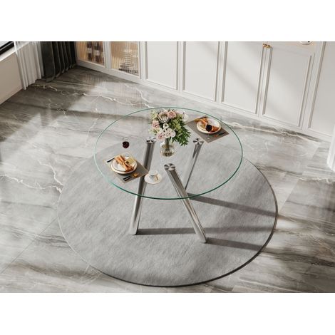 Table à manger ronde avec pieds métalliques argentés, en verre trempé, 89x89x76 cm (1/5)