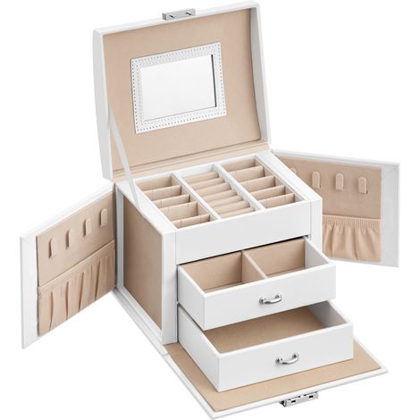 Boîte à Bijoux 3 Niveaux, Écrin à Accessoires, avec Poignées, 2 Tiroirs, Miroir, Serrure, Rangement Bijoux pour Voyages, Surface Blanc Nuage, Doublure Beige Sable (1/5)