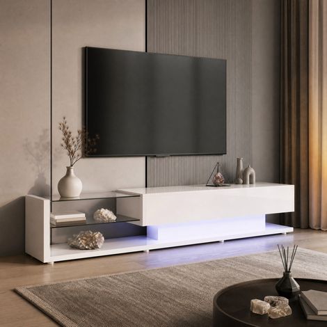 Mobile TV bianco lucido 170 x 36 x 38 cm con LED regolabile DESVIAE (1/5)