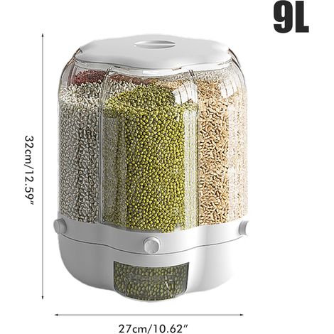 Boîte de rangement pour céréales et aliments, grande capacité 9 L, distributeur de riz rotatif à 6 compartiments, boîte de conservation hermétique, seau de rangement pour la cuisine. (1/5)