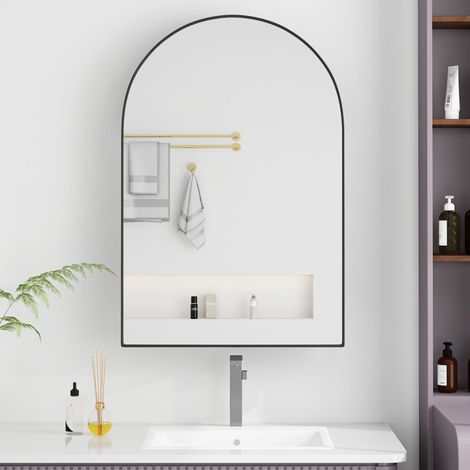 Armadietto a specchio da bagno in metallo nero, installazione a parete o da incasso, con 2 ripiani in vetro regolabili