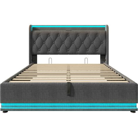 Cama con almacenamiento de lino gris 160x200 cm, LED 360°, cabecero tapizado con USB y Tipo-C, somier de láminas incluido (1/5)