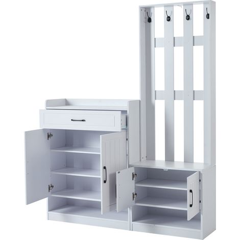 Mueble de entrada con 4 Puertas, 1 Cajón, 4 Ganchos y 1 Estante Ajustable para Recibidor, en Tablero de Partículas, 140×32×180 cm (1/5)