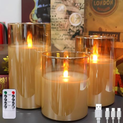 3 Bougies LED Verre Rechargeable Télécommande Minuterie Flamme Sautillante Intérieur Fête