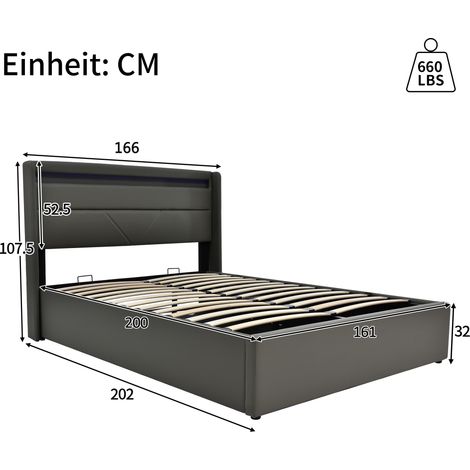 Lit 160x200cm avec sommier rembourré et rangement intégré, éclairage LED à télécommande, double fonctionnel gris, mécanisme hydraulique