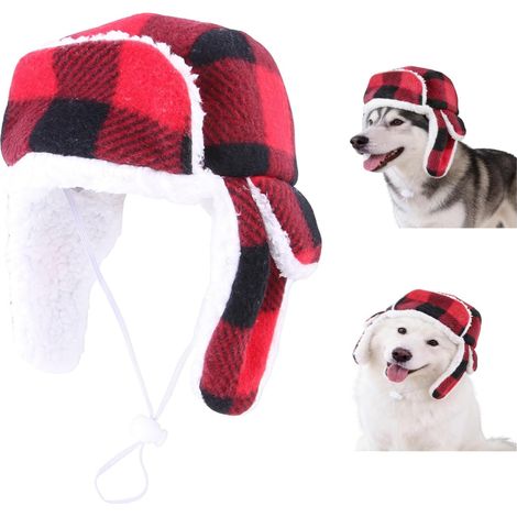Small dog winter hat - Adjustable plaid hat with ear flaps - For puppies and kittens of all sizes in cold weather - For travel, home (red)