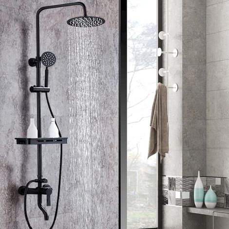 Set de douche noir avec meuble kit de douche avec robinet, pomme de douche 20 cm, set de douche réglable en hauteur (1/5)